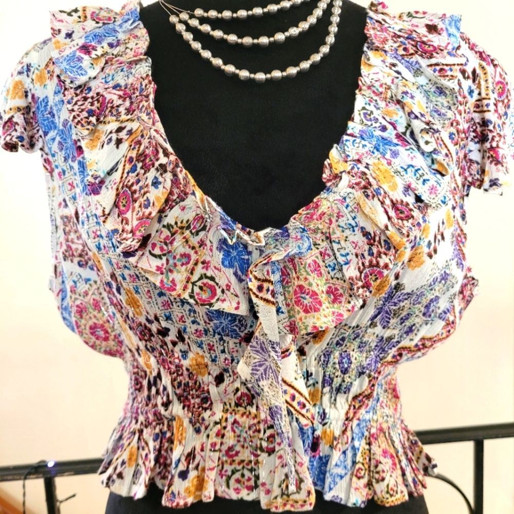 Nwt RAGA Multicolor Short Sleeve Ruffle Top Size Medium - Picture 2 of 16